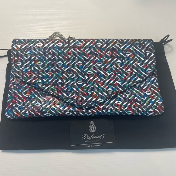 New in dust bag: Laudi Vidni Multicolored Comodo Envelope Clutch, Silver Chain - Picture 3 of 7